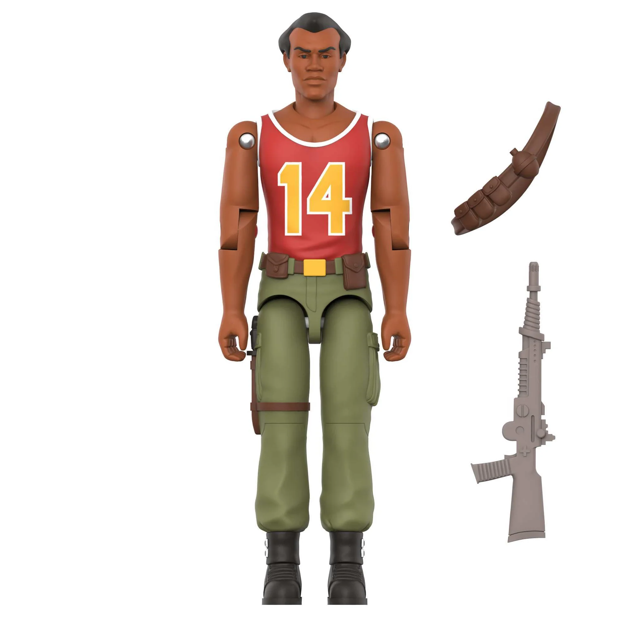 Big Lob ReAction+ figure front view white background with Bandolier and Joe Laser Blaster accessories – Super7 G.I. Joe Movie