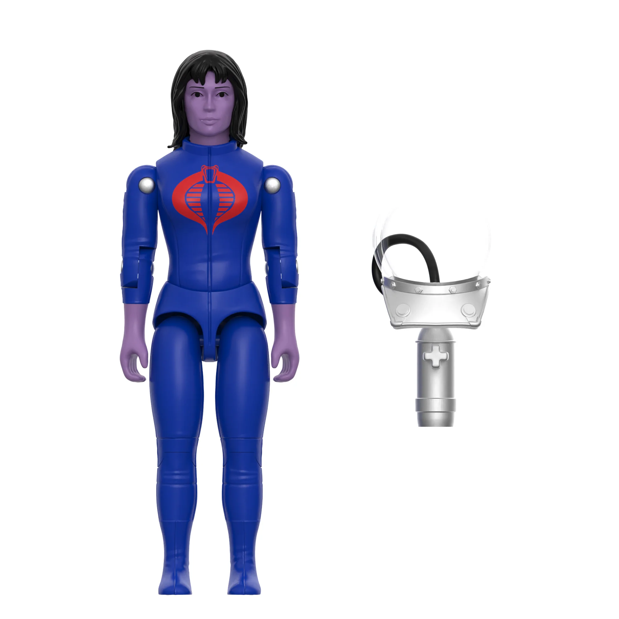 Mara ReAction+ figure white background with Water Breathing Helmet and Scuba Tank accessories laid out – Super7 G.I. Joe