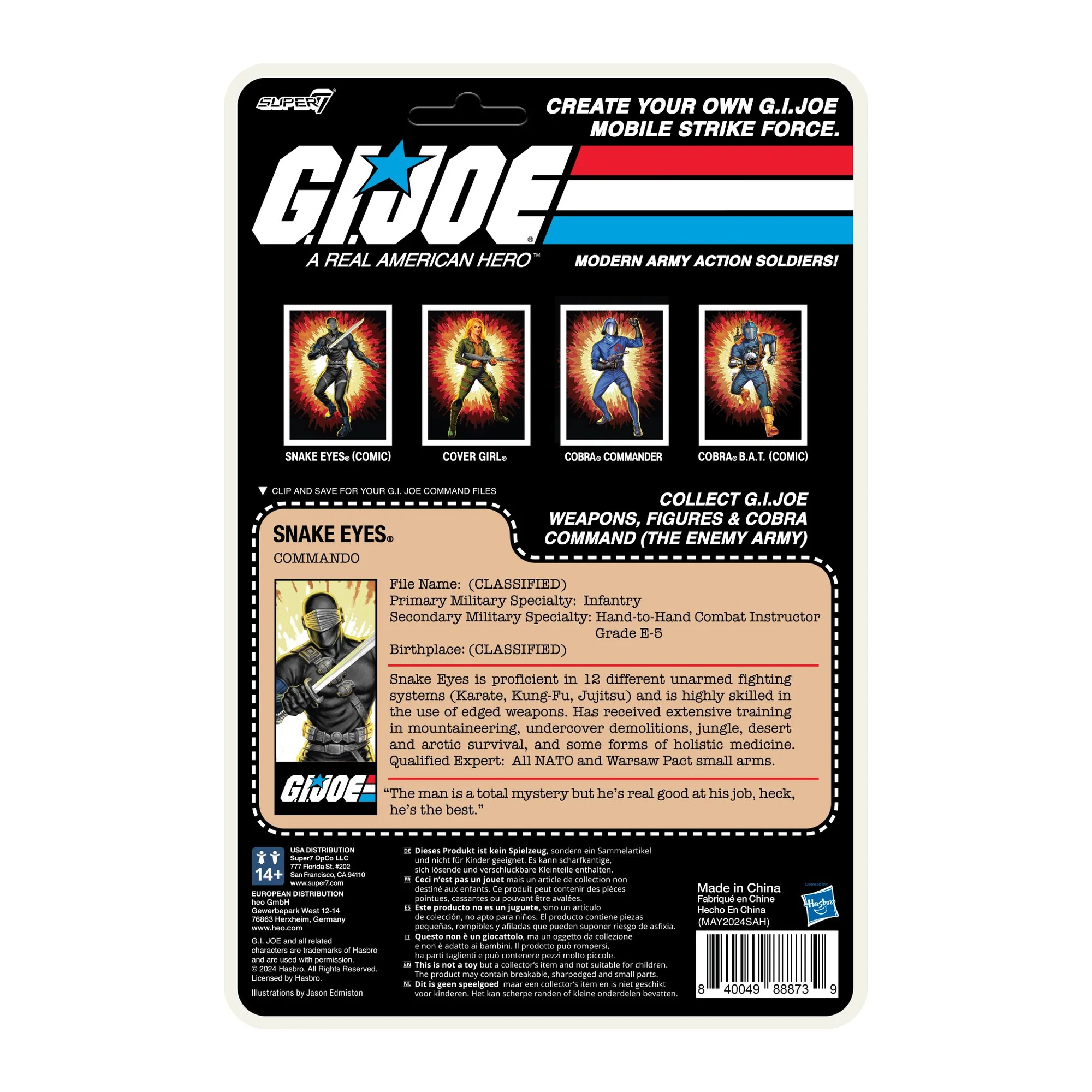 G.I. Joe ReAction+ Snake Eyes Comic cardback rear with file card – Commando, Infantry specialty, Grade E-5 – Super7