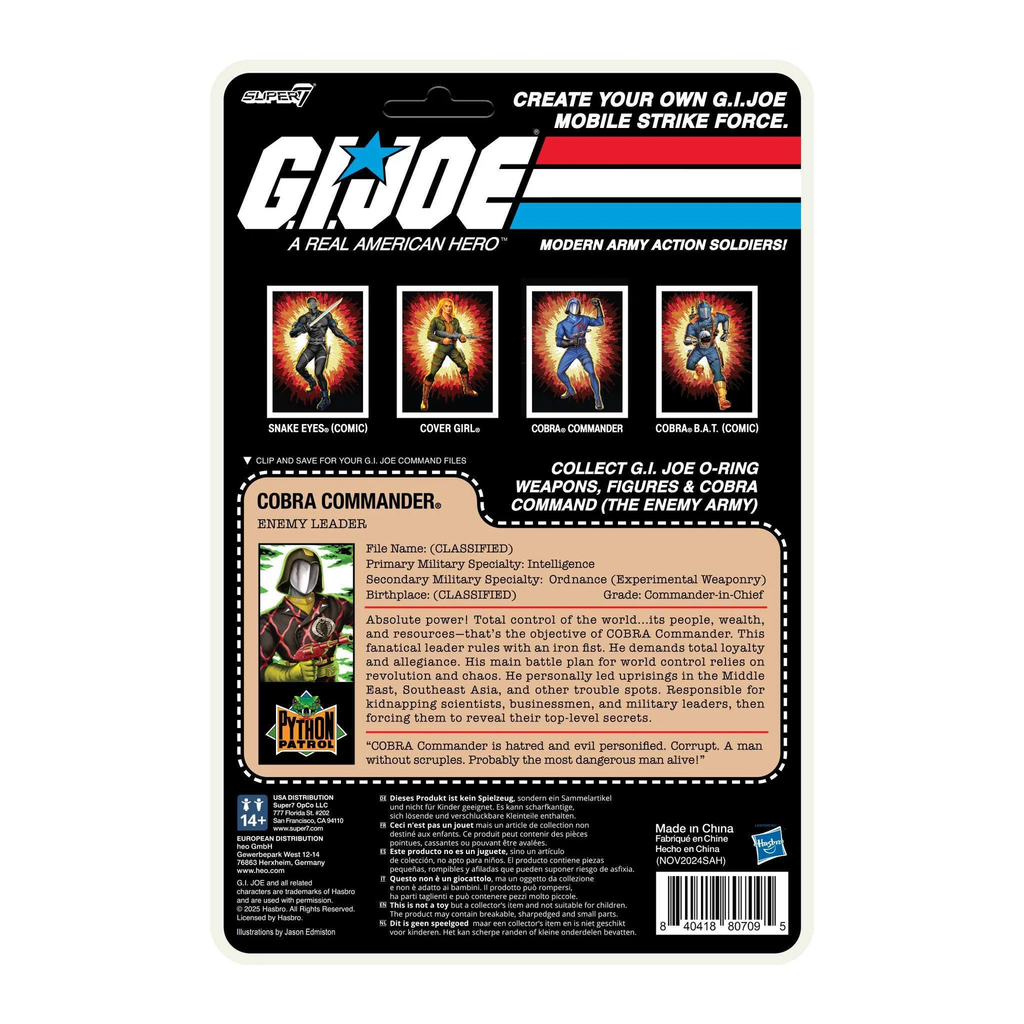 G.I. Joe ReAction+ Cobra Commander Python Patrol cardback rear – file card, Python Patrol logo, Super7