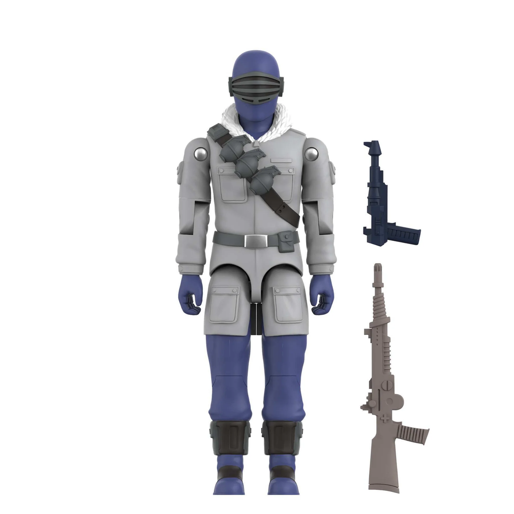 Snake Eyes Arctic ReAction+ figure front view white background with Laser Pistol and Joe Laser Blaster accessories – Super7 G.I. Joe