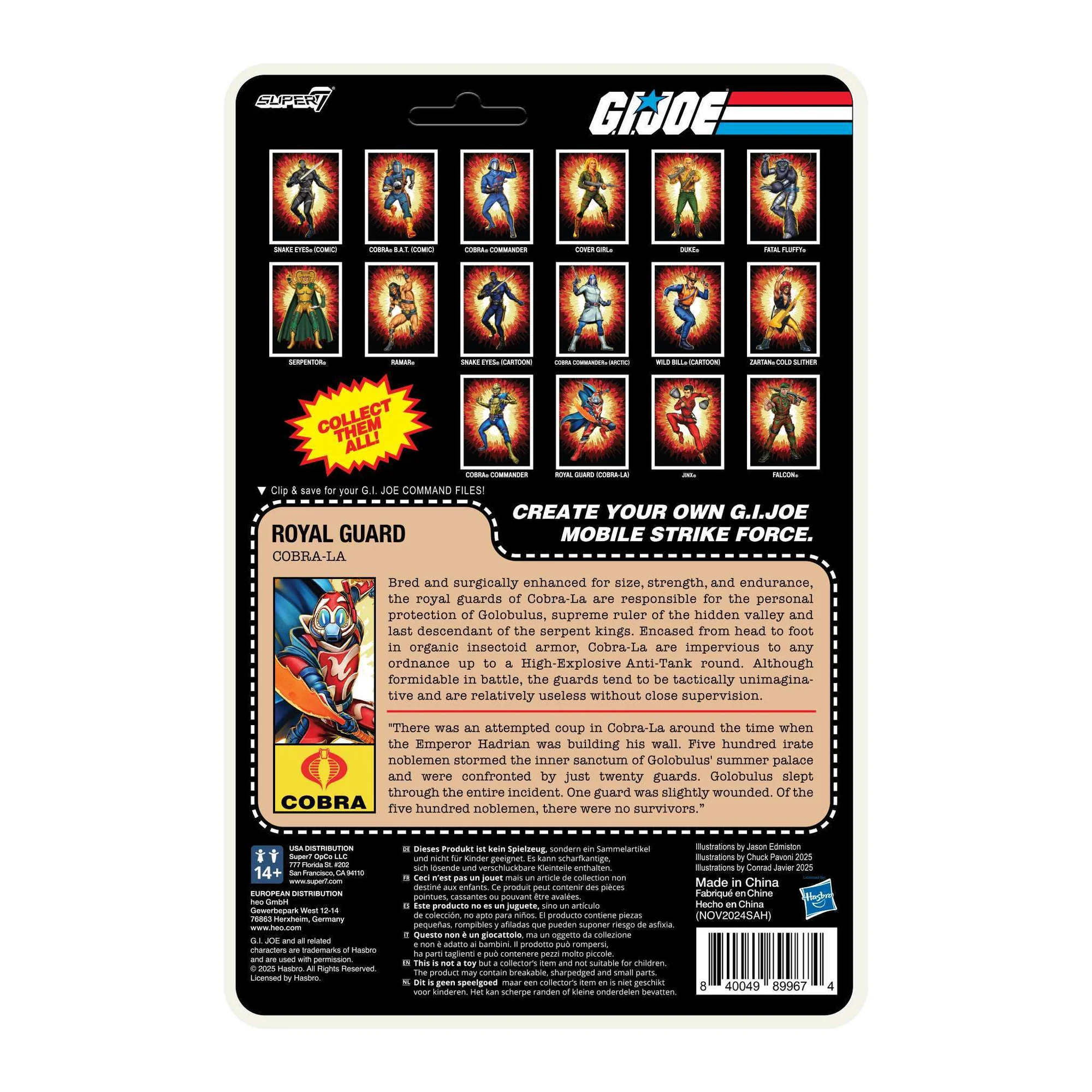 G.I. Joe ReAction+ Wave 4 Movie Collection cardback rear – Royal Guard Cobra-La file card, collect them all grid – Super7
