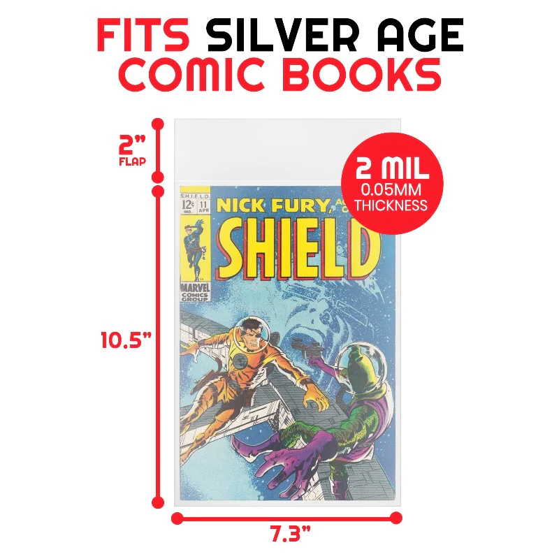Fits Silver Age comic books – 7.3 x 10.5 inches, 2 inch flap, 2 mil 0.05mm thickness – Nick Fury Agent of SHIELD shown