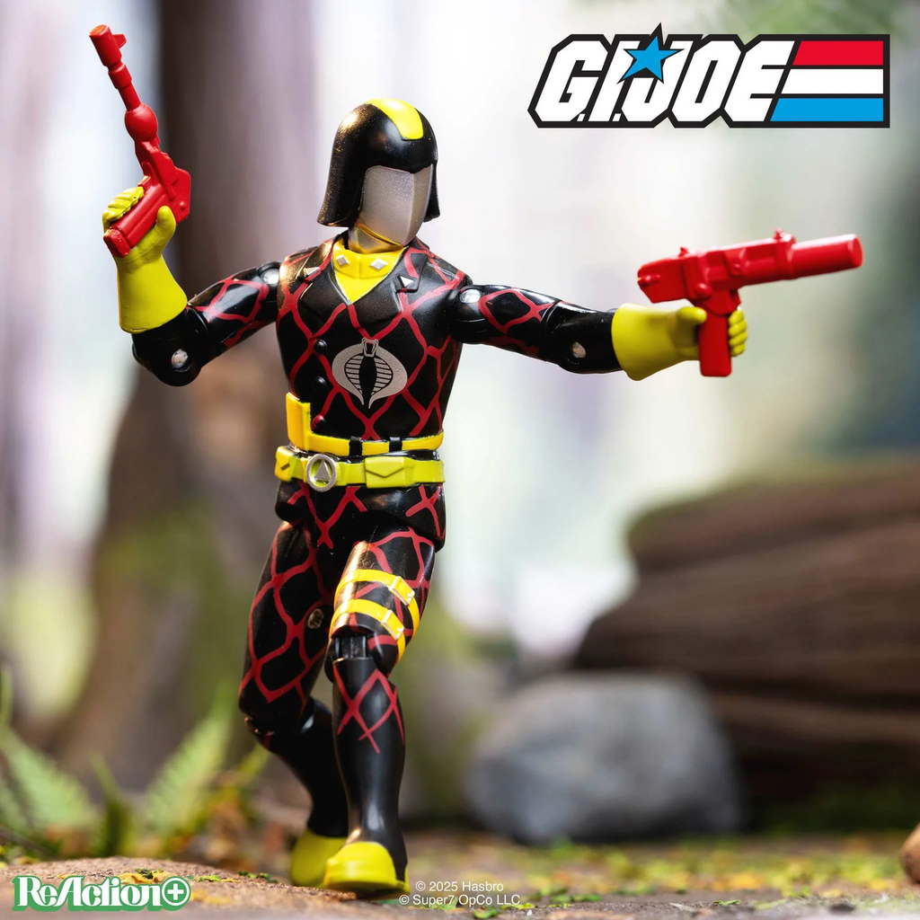 Cobra Commander Python Patrol ReAction+ figure action pose with Commander Pistol and Grenade Gun – Super7 G.I. Joe