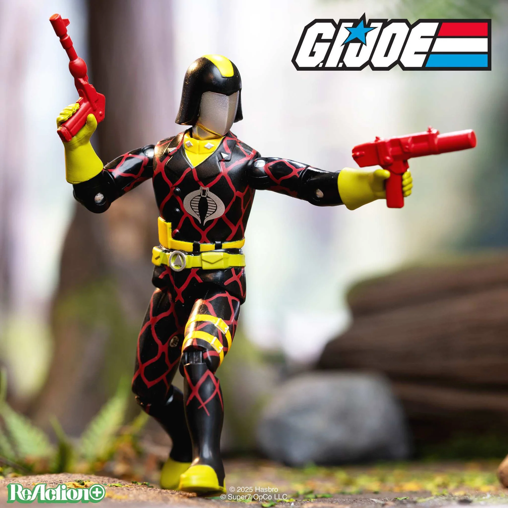 Cobra Commander Python Patrol ReAction+ figure action pose with Commander Pistol and Grenade Gun – Super7 G.I. Joe
