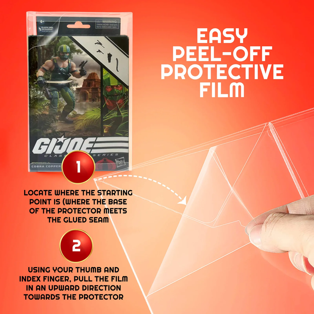Easy peel-off protective film instructions – step 1 locate base seam, step 2 pull film upward