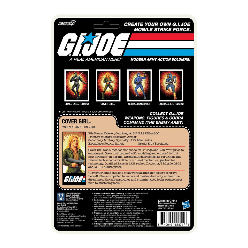 G.I. Joe ReAction+ Cover Girl Blonde cardback rear with file card – Wolverine Driver, Armor specialty, Grade E-4 Specialist – Super7