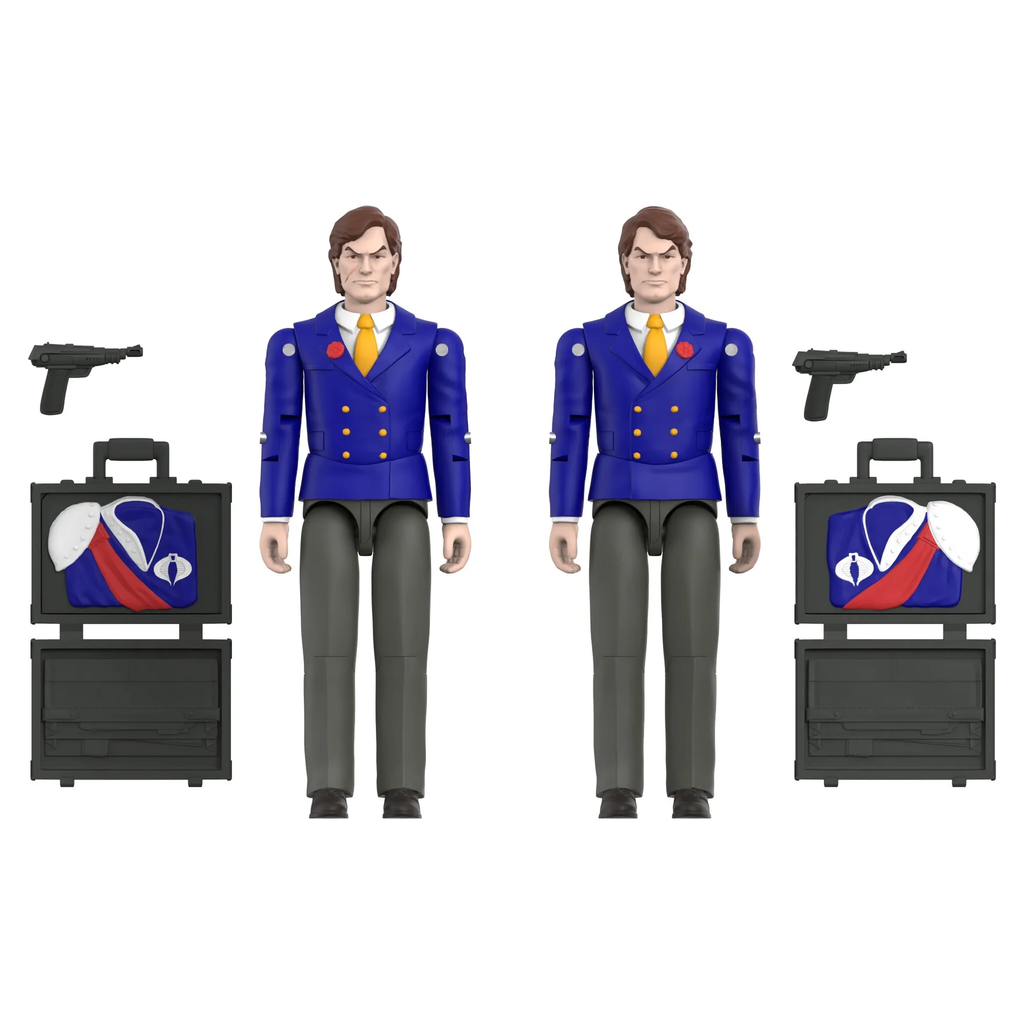 Tomax and Xamot figures with all accessories laid out – 2 Cobra Elite Pistols, 2 briefcases opening to reveal Cobra uniforms – Super7