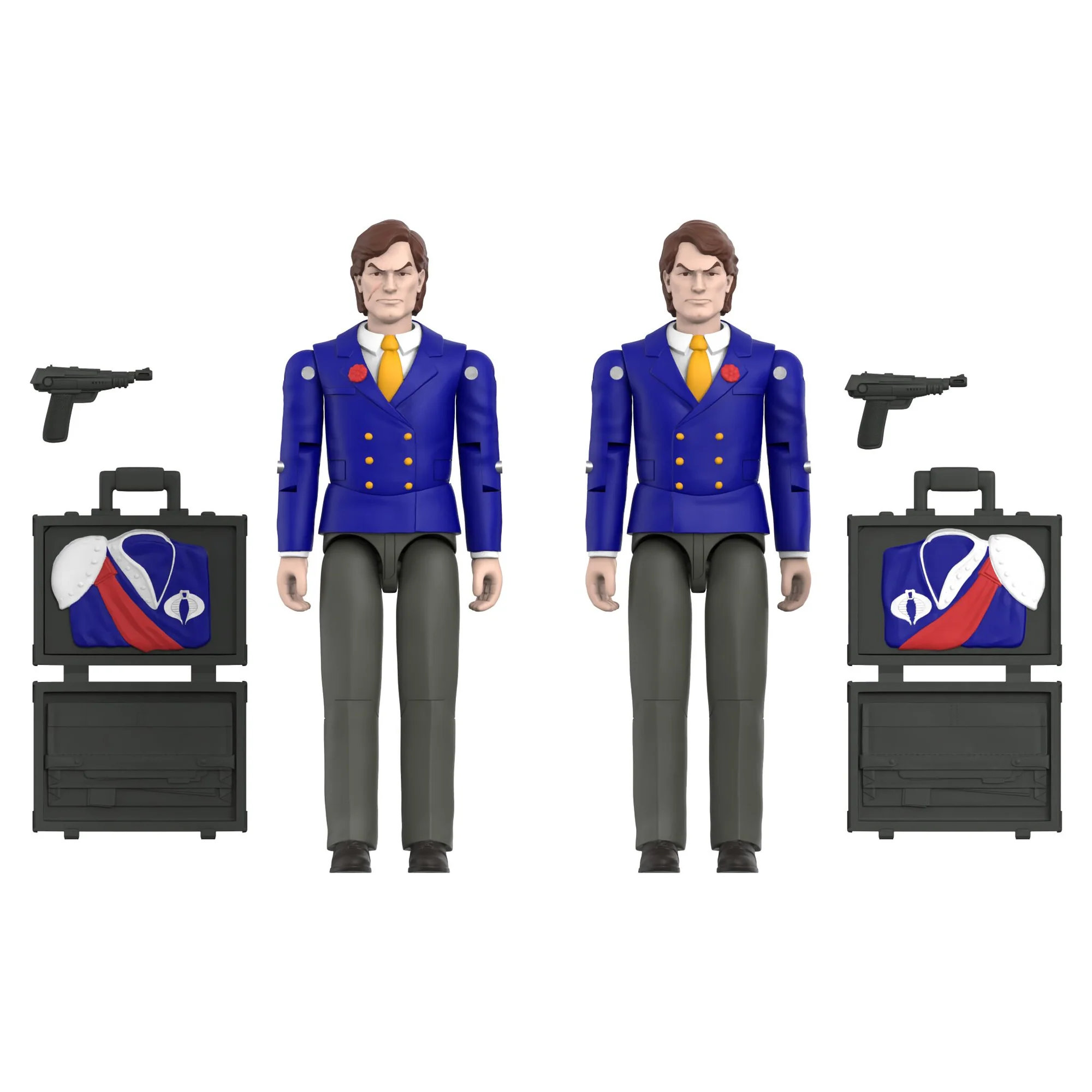 Tomax and Xamot figures with all accessories laid out – 2 Cobra Elite Pistols, 2 briefcases opening to reveal Cobra uniforms – Super7