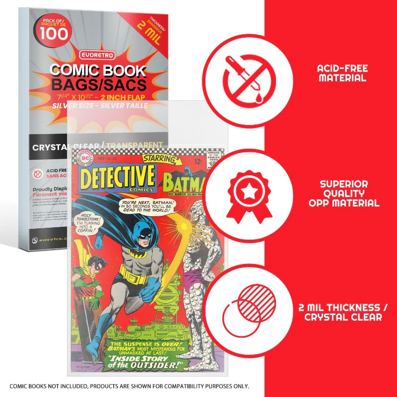 Acid-free material, superior quality OPP, 2 mil thickness crystal clear – Detective Comics Batman shown