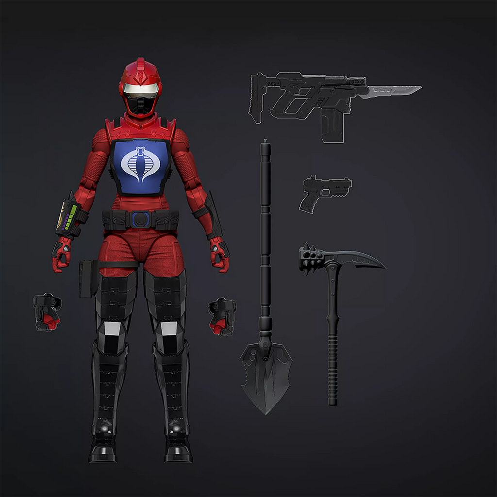 G.I. Joe Classified Series #101 Cobra H.I.S.S. Gunner figure render showing red suit, Cobra chest plate, shovel, pickaxe, rifle, pistol and alternate hands