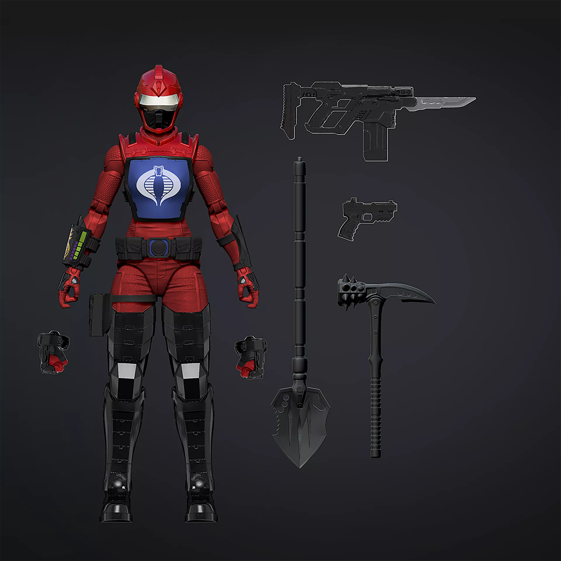 G.I. Joe Classified Series #101 Cobra H.I.S.S. Gunner figure render showing red suit, Cobra chest plate, shovel, pickaxe, rifle, pistol and alternate hands