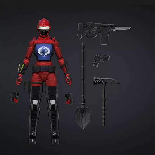 G.I. Joe Classified Series #101 Cobra H.I.S.S. Gunner figure render showing red suit, Cobra chest plate, shovel, pickaxe, rifle, pistol and alternate hands