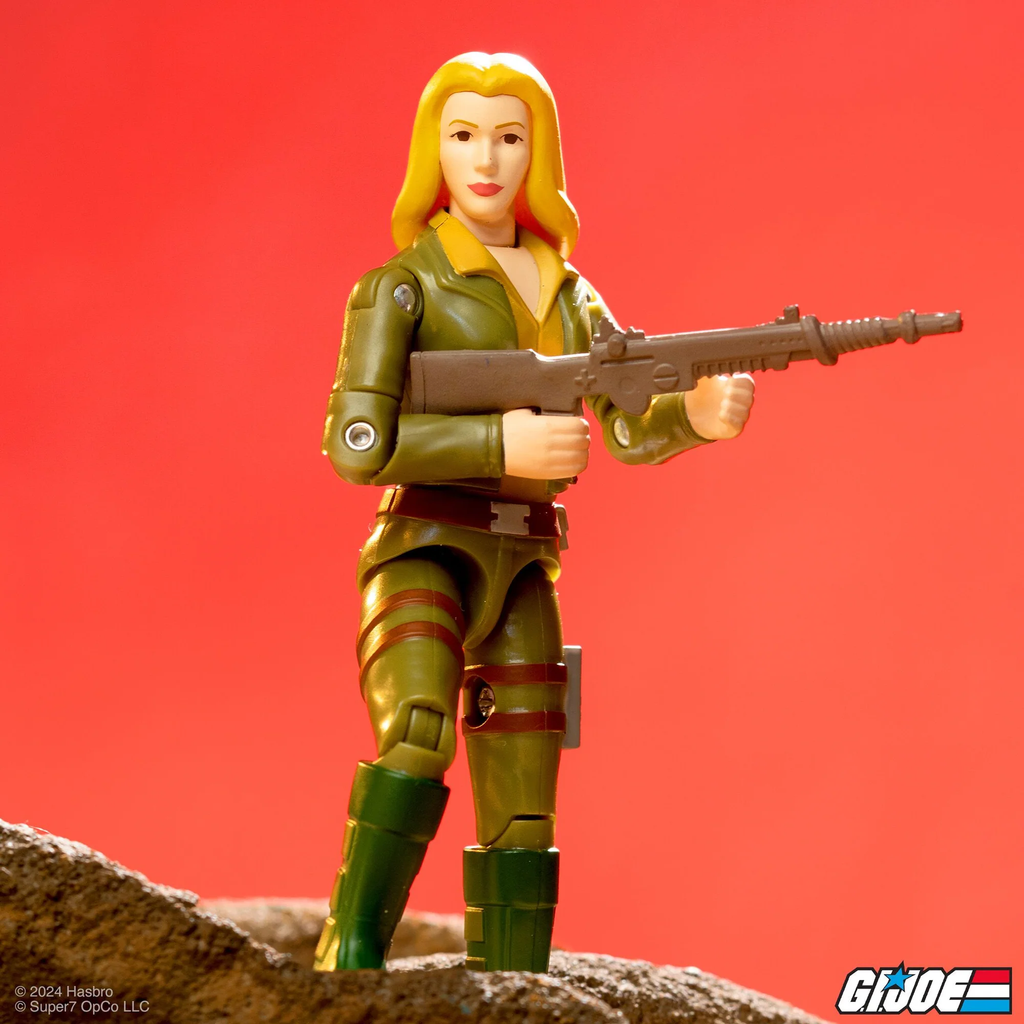 Cover Girl Blonde ReAction+ figure action pose with Precision Laser Blaster on red background – Super7 G.I. Joe