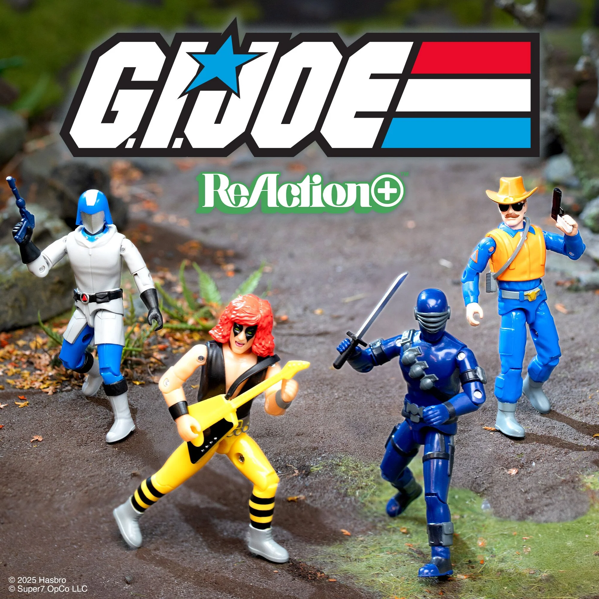 G.I. Joe ReAction+ Wave 3 group shot – Cobra Commander Arctic, Zartan Cold Slither, Snake Eyes Cartoon, Wild Bill Cartoon figures in outdoor diorama – Super7 2025