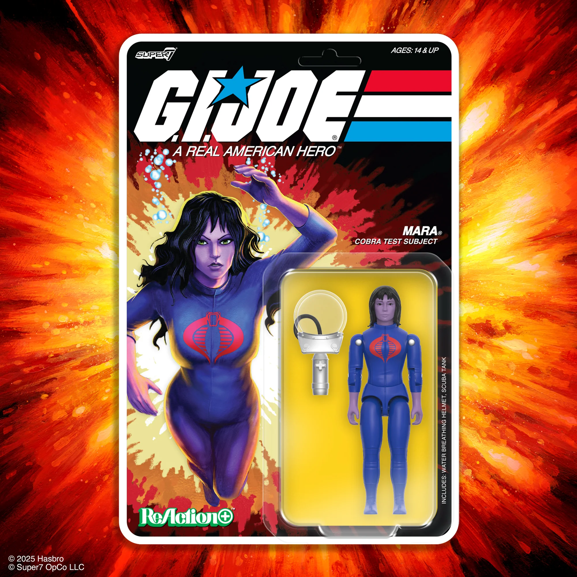 Mara ReAction+ figure on cardback with fiery explosion background – Super7 G.I. Joe Wave 6