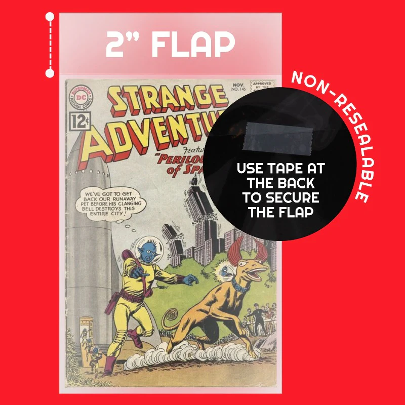 2 inch flap non-resealable – use tape at the back to secure the flap, Strange Adventures comic shown