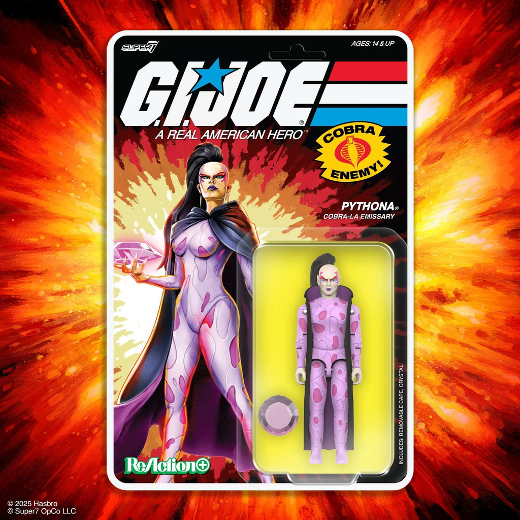 Pythona ReAction+ figure on cardback with fiery red background – Super7 G.I. Joe Movie Wave 5